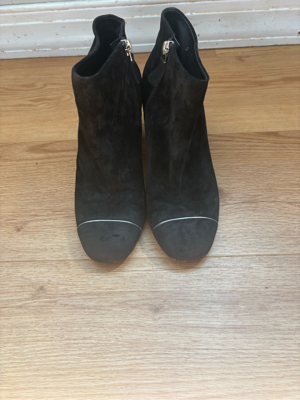 Chanel Women’s Black Suede Ankle Booties with Cap Toe